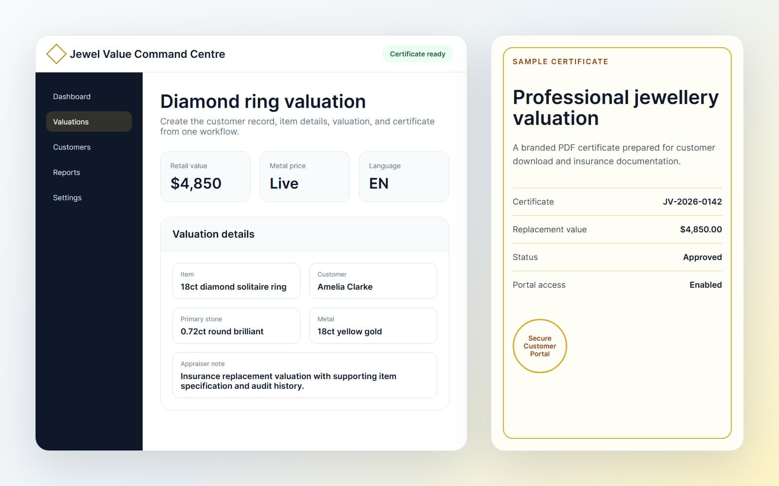 Illustration of the Jewel Value valuation workflow beside a sample certificate