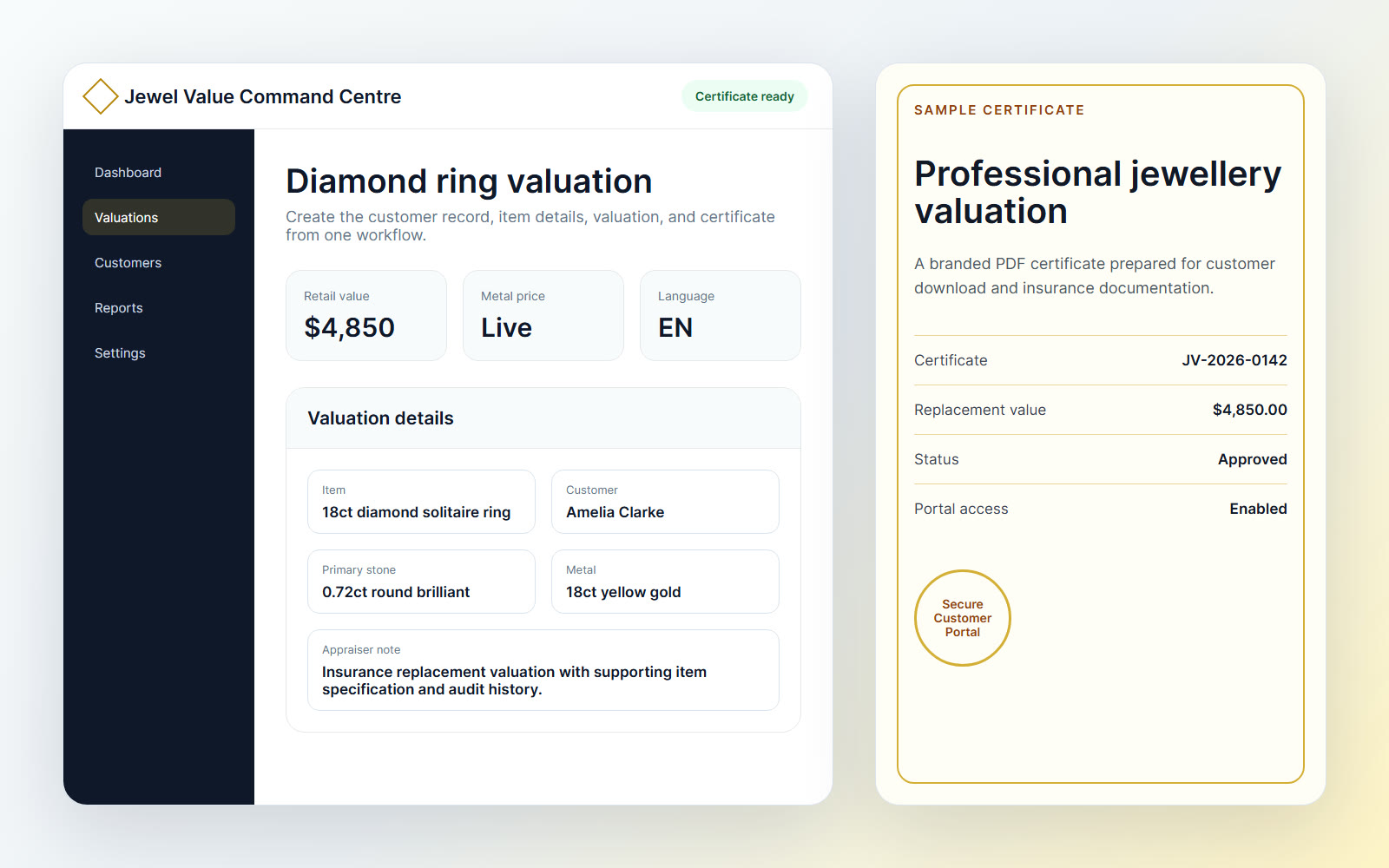 Jewel Value valuation workflow and sample certificate preview